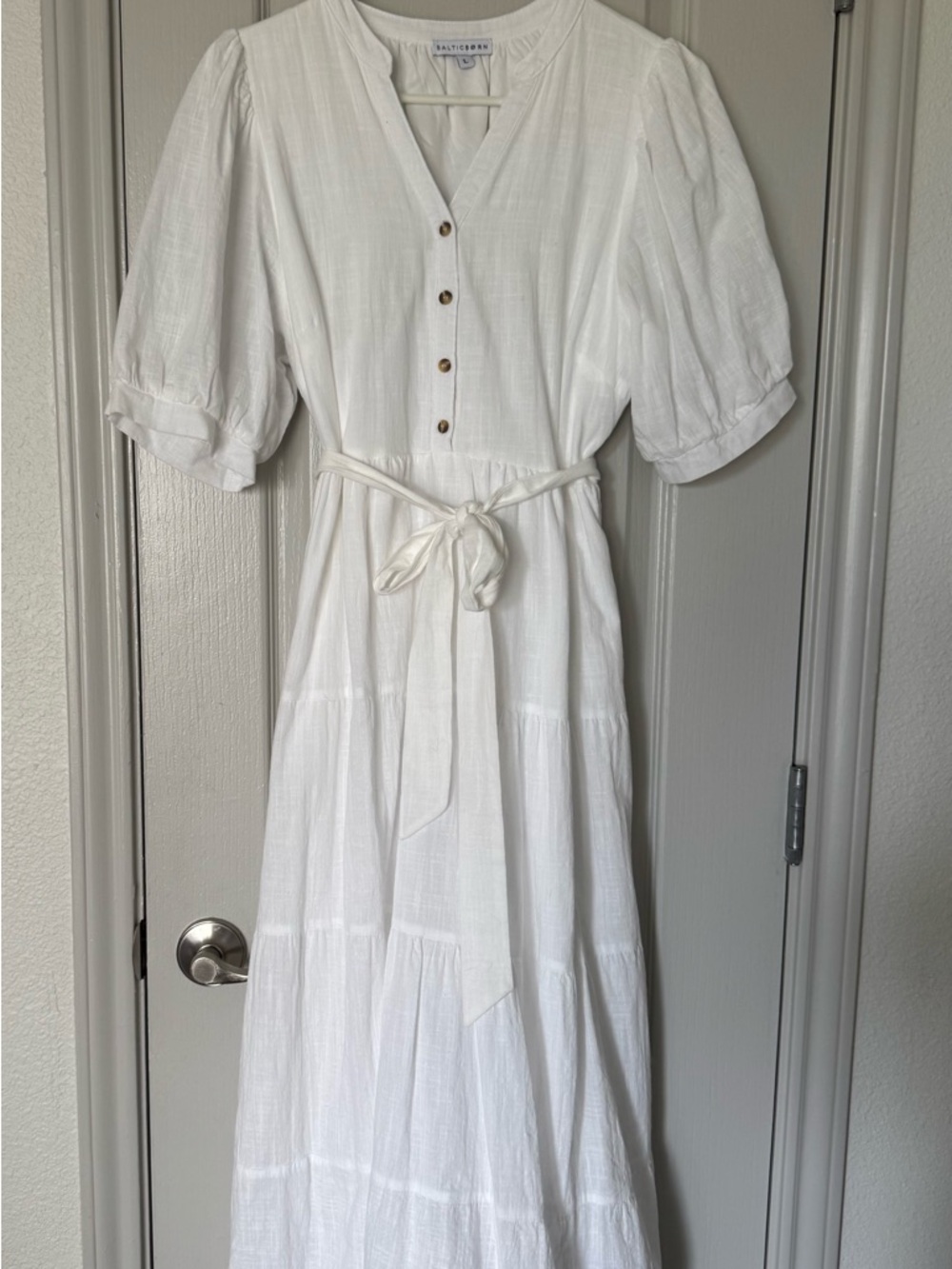 Baltic Born White Tiered Maxi Dress with Puff Sleeves and Tie Waist